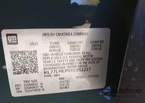 2026 Chevrolet Trax Fwd Lt z USA, uszkodzony, nr VIN KL77LHEP0TC051217